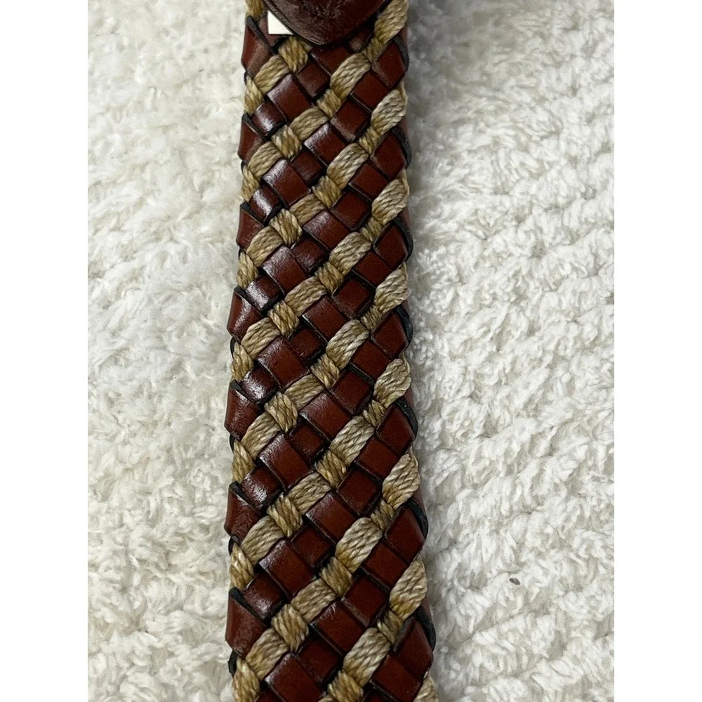 Mens Brown Leather Braided Belt Woven Cord Gold Buckle Size 36 Made in Argentina